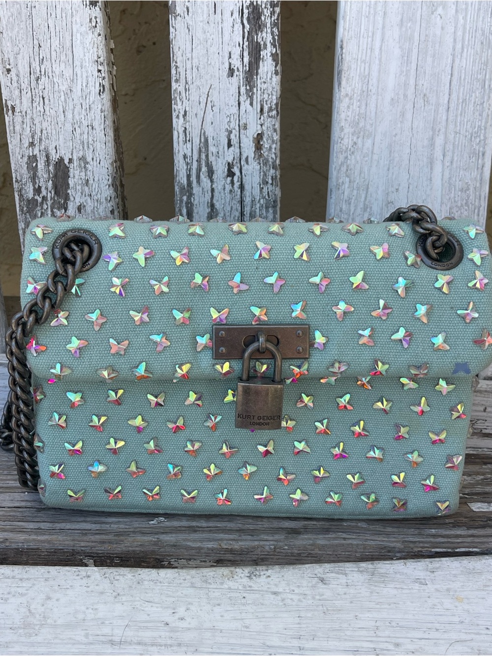 Kurt Geiger London Mini Brixton Mint Iridescent Butterfly Studded Chain Bag